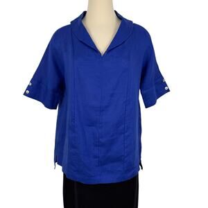 Lintico European Linen Blouse Top Royal Blue Short Sleeves M